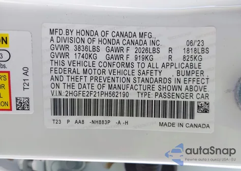 2023 Honda Civic Lx from USA, damaged, VIN 2HGFE2F21PH562190